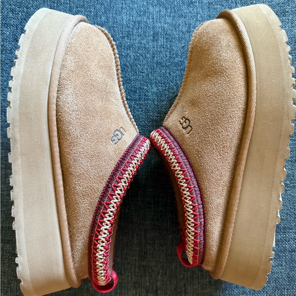 UGG Tan Suede Slippers with Red and Gold Accents - Picture 10 of 11